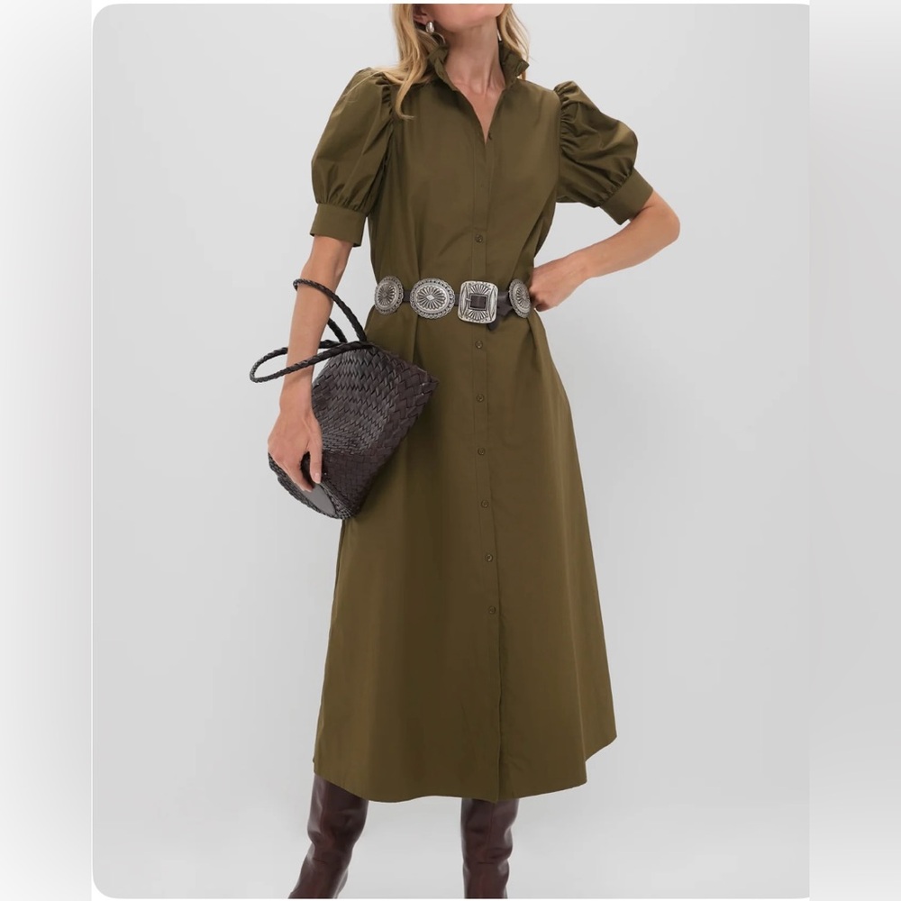 Elegant Olive Midi Dress with Ruffle Collar